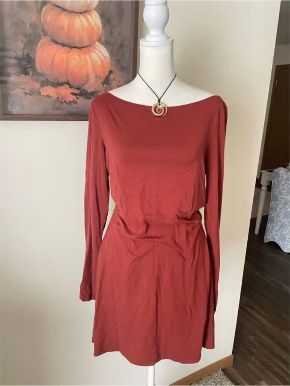 Reformation Terracotta Rust Long Sleeve Boatneck Mini Dress Medium